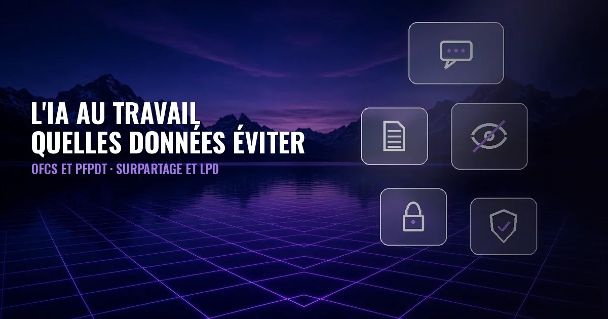 Couverture : lac nocturne entre les montagnes avec grille violette et panneaux de verre portant des icônes de chat, document, œil barré, cadenas et bouclier ; titre « L'IA au travail : quelles données éviter ».
