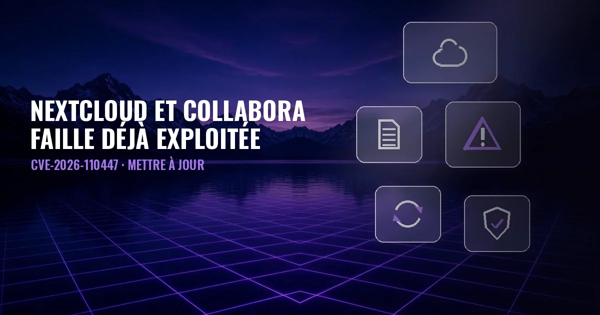 Paysage nocturne avec lac, montagnes et grille violette, panneaux de verre avec icônes de cloud, document, alerte, mise à jour et bouclier, et le titre Nextcloud et Collabora, faille déjà exploitée, CVE-2026-110447, mettre à jour