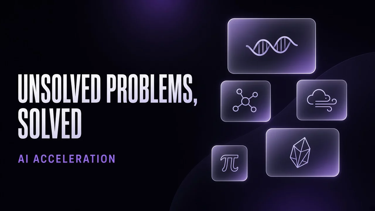 Glass panels on a black and violet background with protein, molecule, wind, crystal and pi icons, and the title "Unsolved problems, solved"