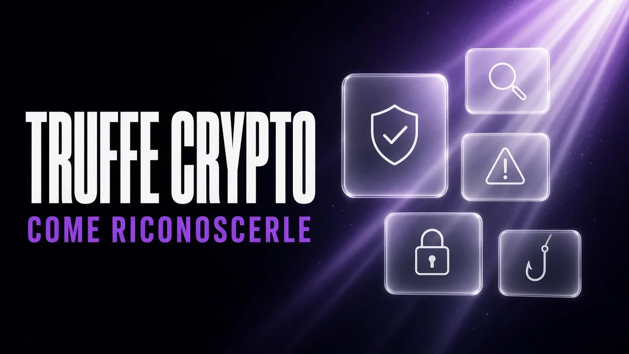Pannelli di vetro viola e nero con scudo e lente di ingrandimento, titolo Truffe crypto