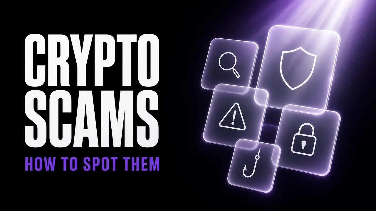 Purple and black glass panels with a shield and magnifying glass, title Crypto scams