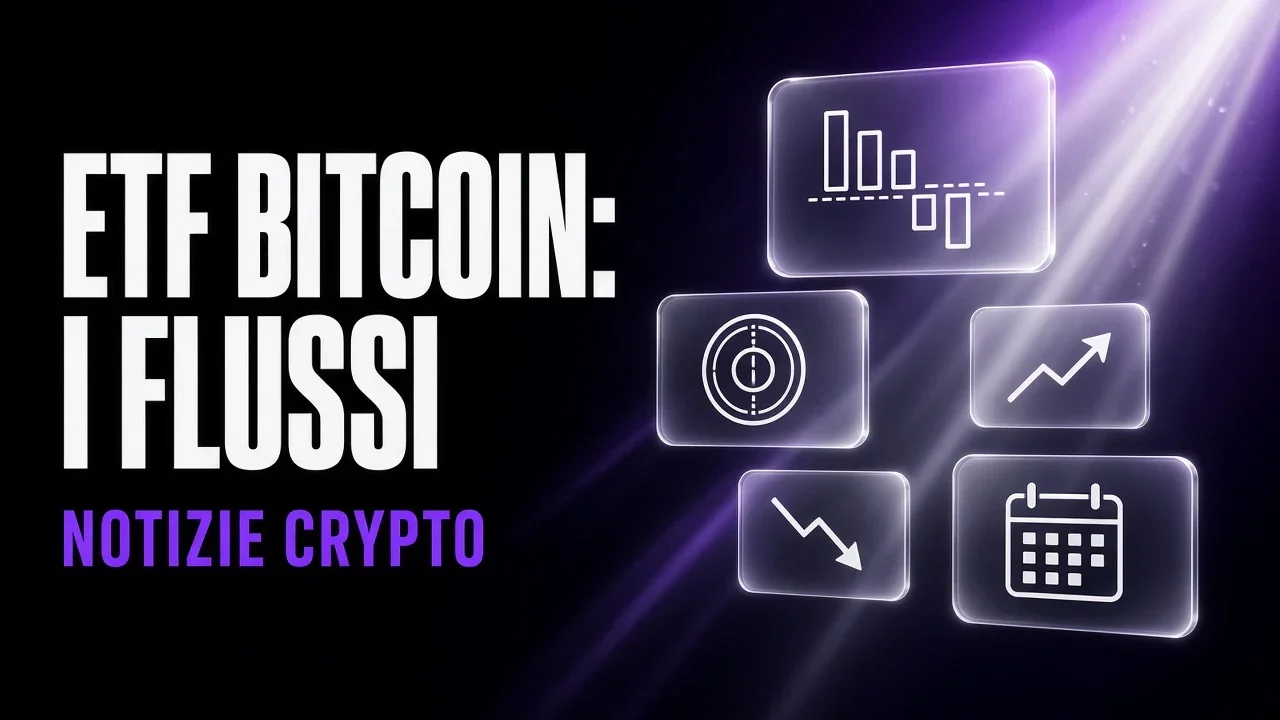 Pannelli di vetro viola e nero con grafico a barre di flussi, titolo ETF Bitcoin: i flussi