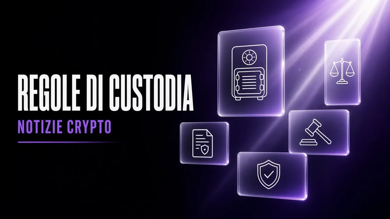 Pannelli di vetro viola e nero con cassaforte e documento, titolo Regole di custodia