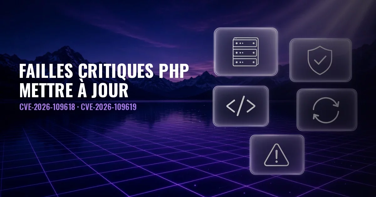 Paysage nocturne avec lac, montagnes et grille violette, panneaux de verre avec icônes de serveur, bouclier, code, mise à jour et alerte, et le titre Failles critiques PHP, mettre à jour