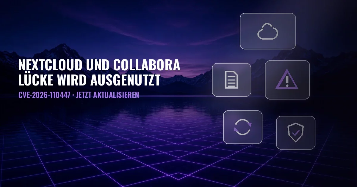 Nächtliche Landschaft mit See, Bergen und violettem Raster, Glaspaneele mit Symbolen für Cloud, Dokument, Warnung, Update und Schild, und der Titel Nextcloud und Collabora, Lücke wird ausgenutzt, CVE-2026-110447, jetzt aktualisieren