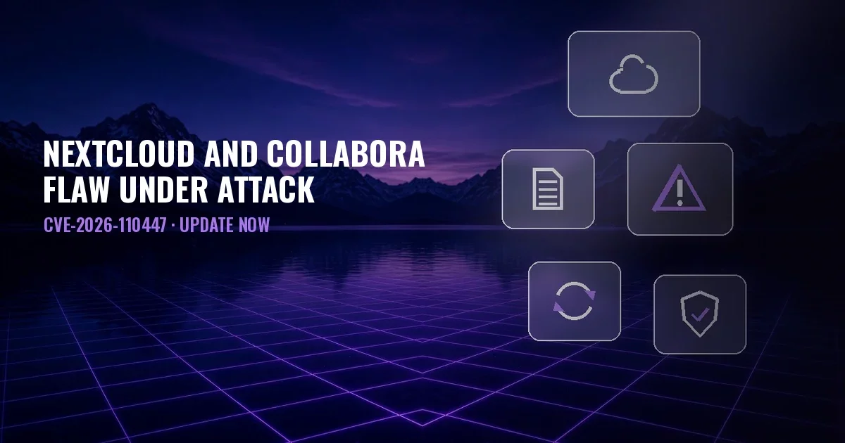 Night landscape with a lake, mountains and a violet grid, glass panels with cloud, document, warning, update and shield icons, and the title Nextcloud and Collabora, flaw under attack, CVE-2026-110447, update now