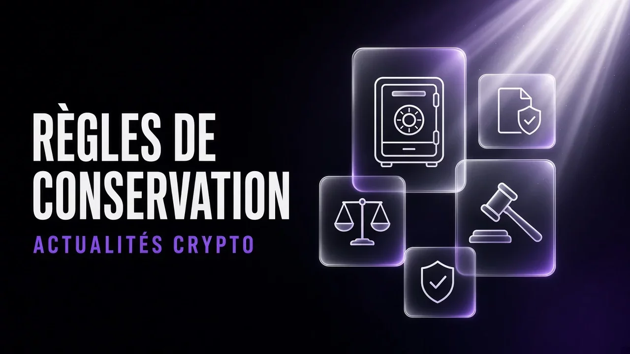 Panneaux de verre violets et noirs avec coffre-fort et document, titre Règles de conservation