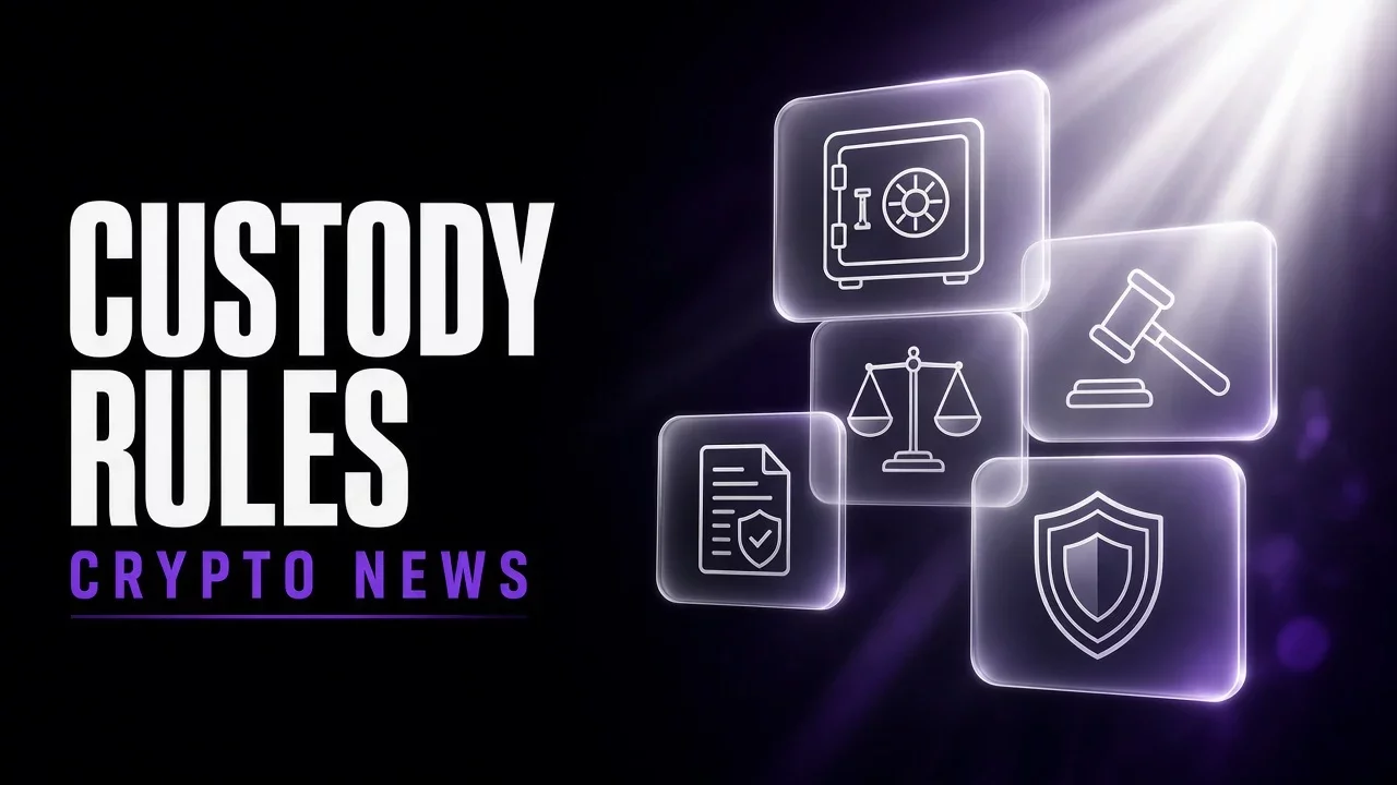 Purple and black glass panels with a vault and a document, title Custody rules