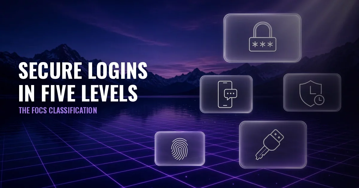 Night landscape with a lake, mountains and a violet grid, five glass panels with padlock, SMS, authenticator app, fingerprint and USB key icons, and the title Secure logins in five levels