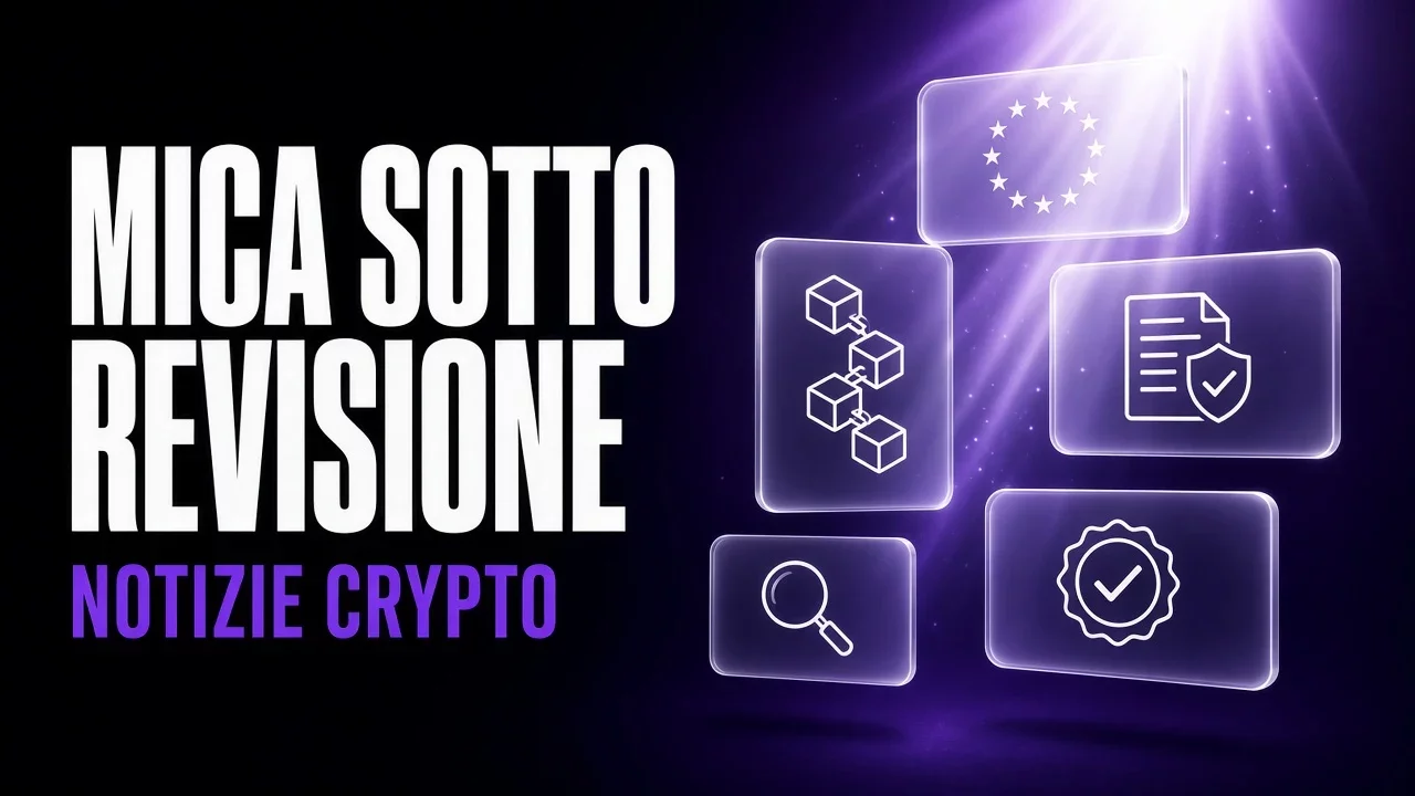 Pannelli di vetro viola e nero con stelle europee e documento, titolo MiCA sotto revisione