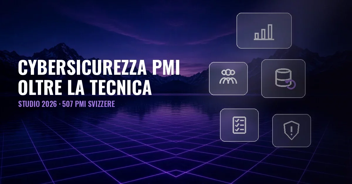 Paesaggio notturno con lago, montagne e griglia viola, pannelli in vetro con icone di grafico, persone, backup, checklist e scudo, e il titolo Cybersicurezza PMI 2026, oltre la tecnica