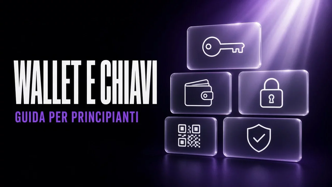 Pannelli di vetro viola e nero con chiave, portafoglio e lucchetto, titolo Wallet e chiavi
