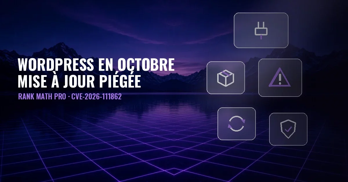Paysage nocturne avec lac, montagnes et grille violette, panneaux de verre avec icônes de plugin, paquet, alerte, mise à jour et bouclier, et le titre WordPress en octobre, mise à jour piégée, Rank Math PRO, CVE-2026-111862