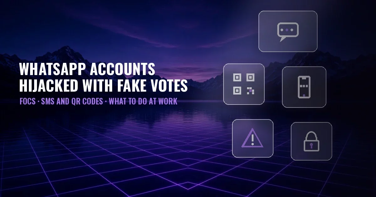 Cover: night lake among mountains with a violet grid and glass panels showing chat, QR code, smartphone, warning and padlock icons; title WhatsApp accounts hijacked with fake votes