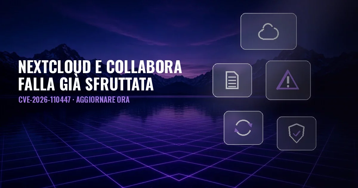 Paesaggio notturno con lago, montagne e griglia viola, pannelli in vetro con icone di cloud, documento, avviso, aggiornamento e scudo, e il titolo Nextcloud e Collabora, falla già sfruttata, CVE-2026-110447, aggiornare ora
