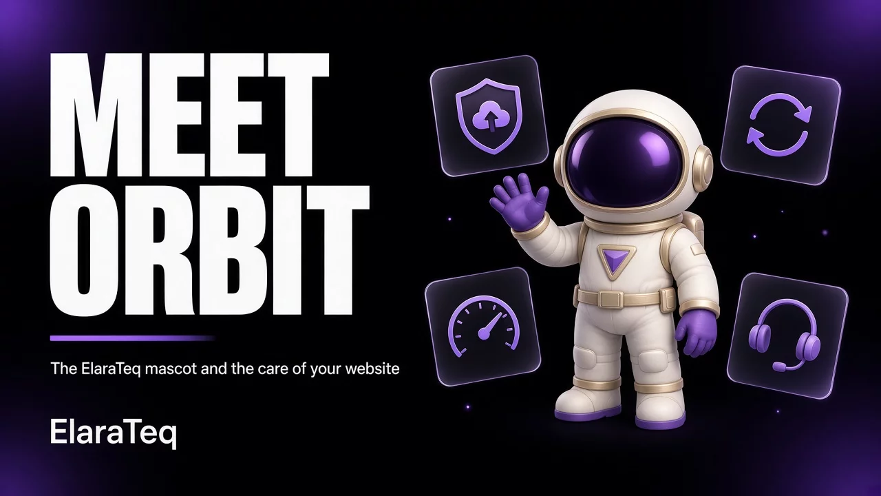 Orbit, the chibi astronaut mascot of ElaraTeq, on violet and black glass panels
