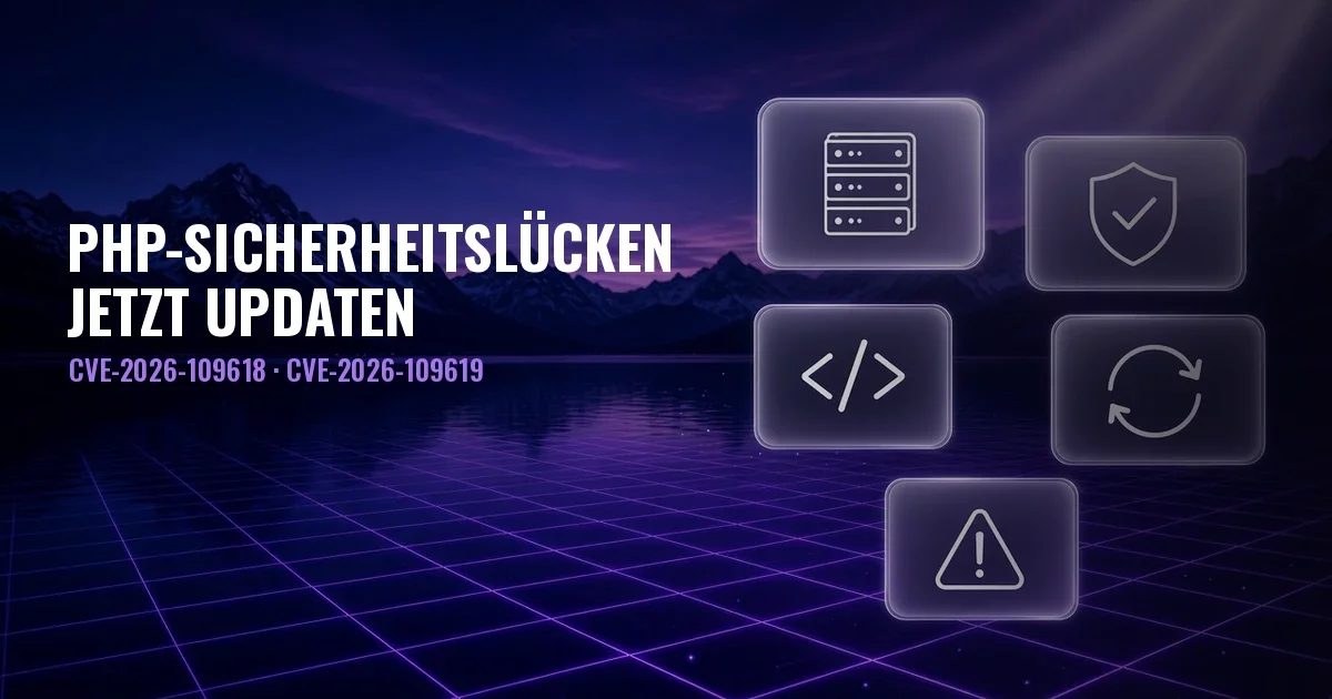 Nachtlandschaft mit See, Bergen und violettem Raster, Glaspaneele mit Symbolen für Server, Schild, Code, Update und Warnung, und der Titel PHP-Sicherheitslücken, jetzt updaten