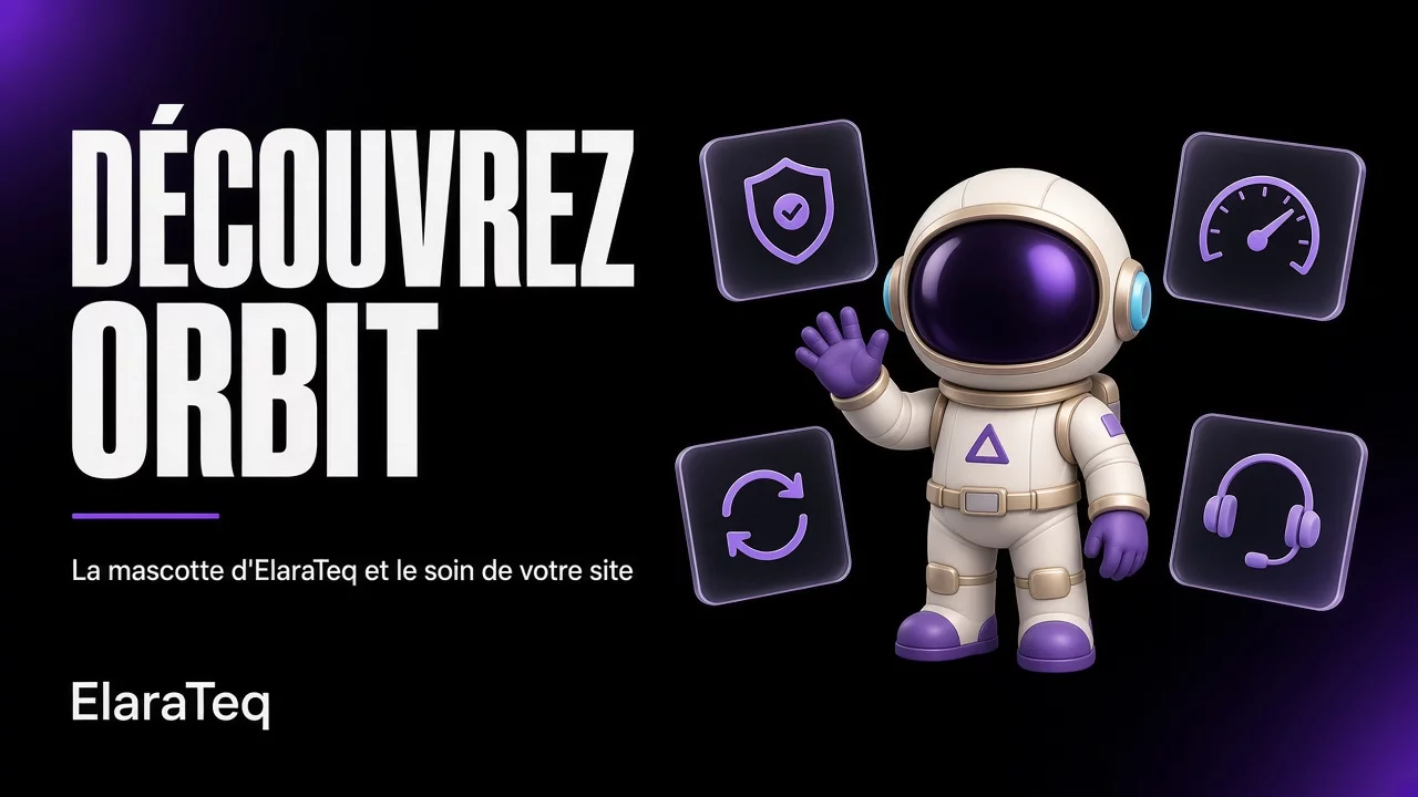 Orbit, astronaute chibi et mascotte d'ElaraTeq, sur des panneaux de verre violets et noirs
