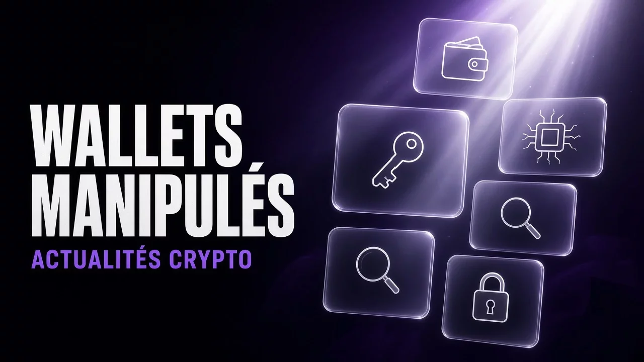 Panneaux de verre violets et noirs avec clé et puce fissurée, titre Wallets manipulés