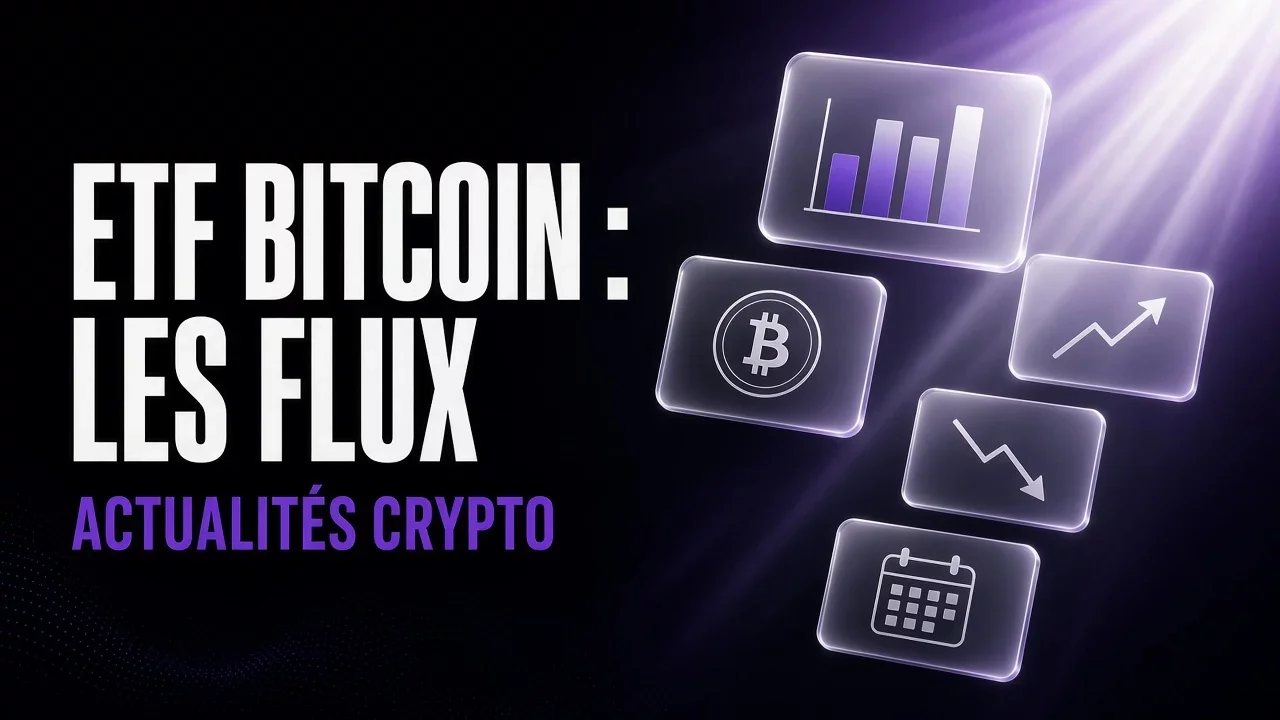 Panneaux de verre violets et noirs avec graphique de flux, titre ETF Bitcoin : les flux