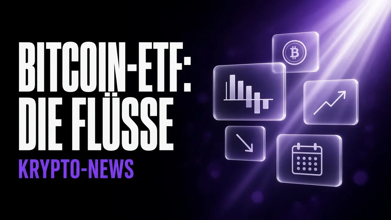Violette und schwarze Glaspaneele mit Balkendiagramm der Flüsse, Titel Bitcoin-ETF: die Flüsse