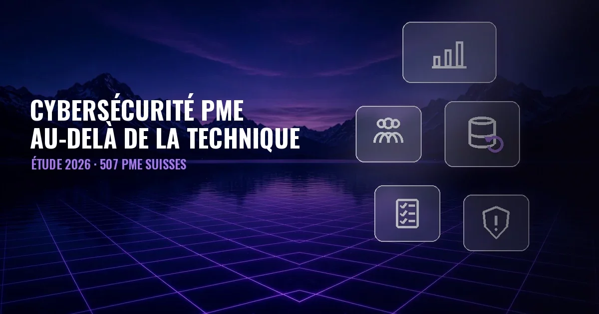 Paysage nocturne avec lac, montagnes et grille violette, panneaux de verre avec icônes de graphique, personnes, sauvegarde, checklist et bouclier, et le titre Cybersécurité PME 2026, au-delà de la technique