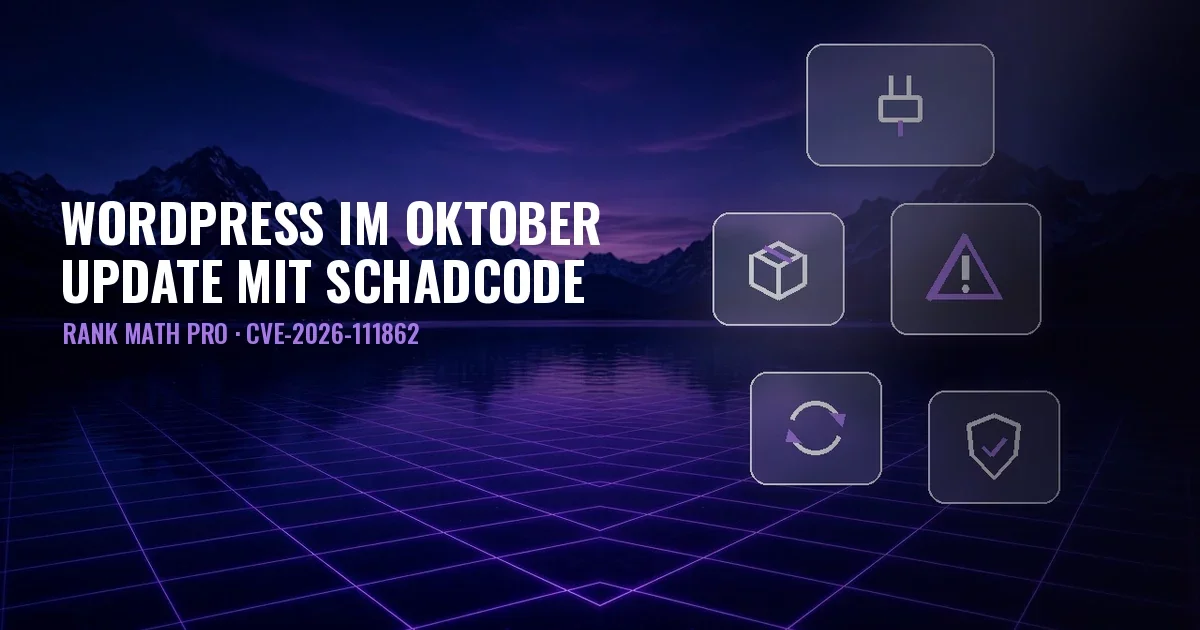 Nächtliche Landschaft mit See, Bergen und violettem Raster, Glaspaneele mit Symbolen für Plugin, Paket, Warnung, Update und Schild, und der Titel WordPress im Oktober, Update mit Schadcode, Rank Math PRO, CVE-2026-111862