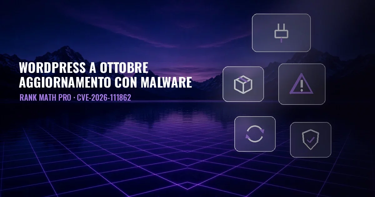 Paesaggio notturno con lago, montagne e griglia viola, pannelli in vetro con icone di plugin, pacchetto, avviso, aggiornamento e scudo, e il titolo WordPress a ottobre, aggiornamento con malware, Rank Math PRO, CVE-2026-111862
