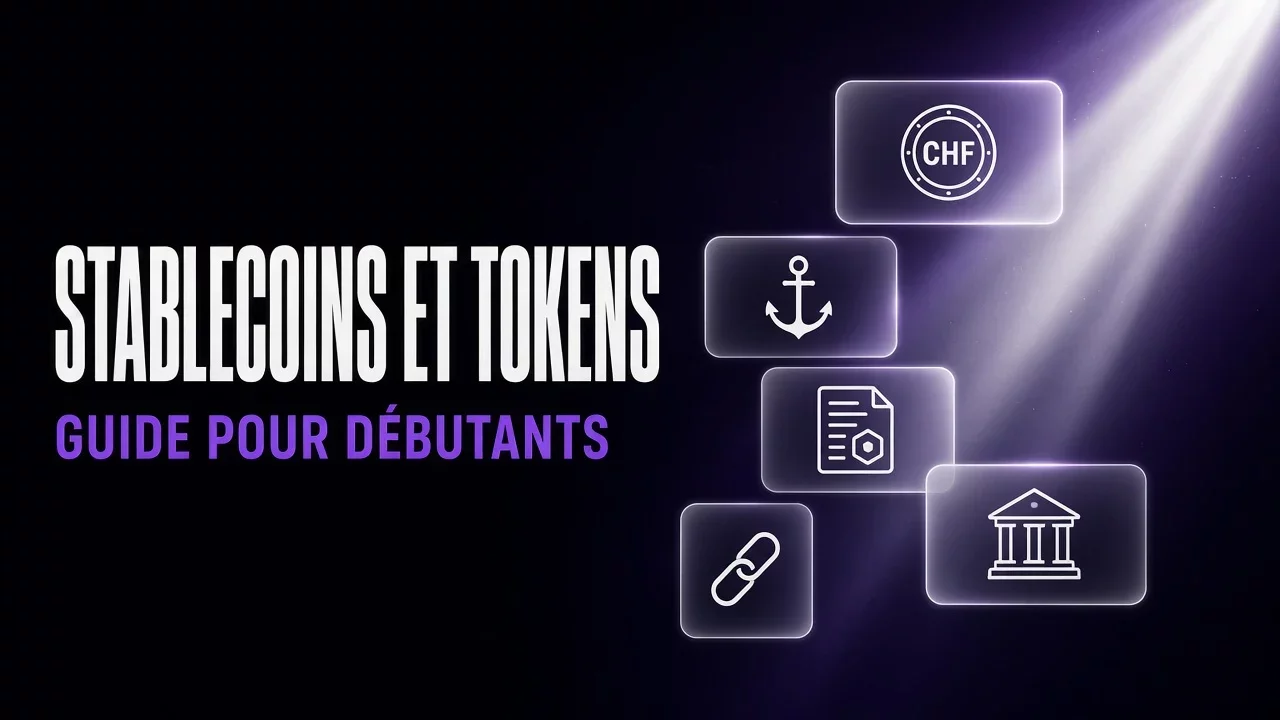 Panneaux de verre violets et noirs avec pièce stylisée et document, titre Stablecoins et tokens