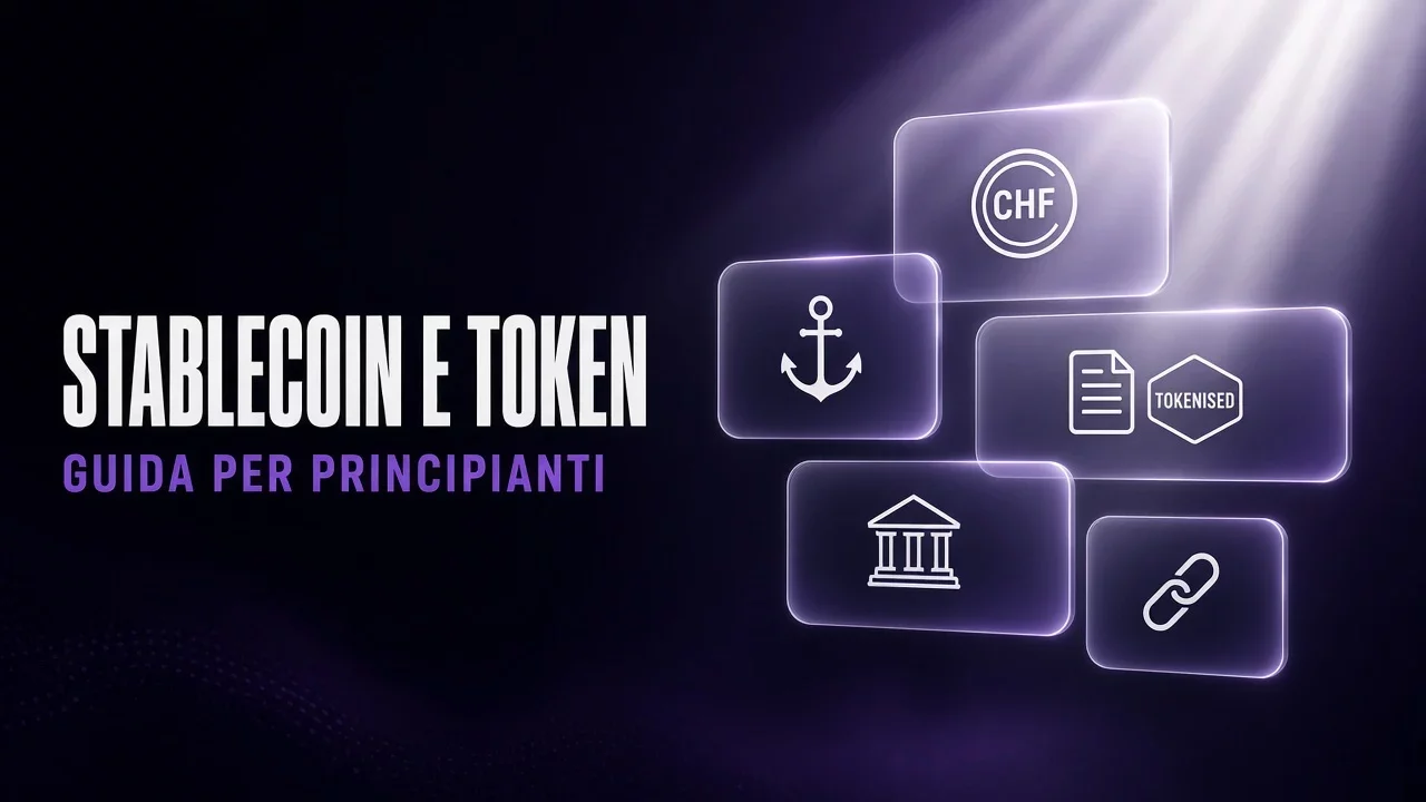 Pannelli di vetro viola e nero con moneta stilizzata e documento, titolo Stablecoin e token