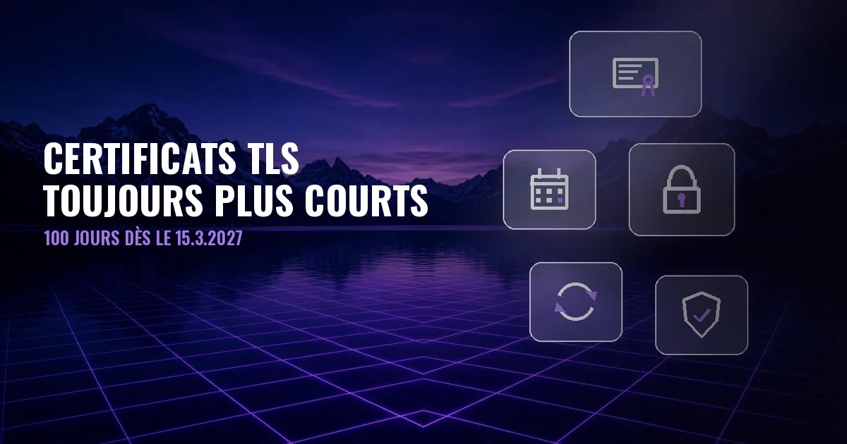 Couverture : lac de nuit entre les montagnes avec grille violette et panneaux en verre avec icônes de certificat, calendrier, cadenas et renouvellement ; titre Certificats TLS toujours plus courts, 100 jours dès le 15.3.2027