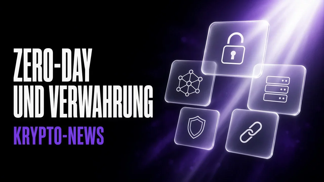 Violette und schwarze Glaspaneele mit Vorhängeschloss und Netzknoten, Titel Zero-Day und Verwahrung