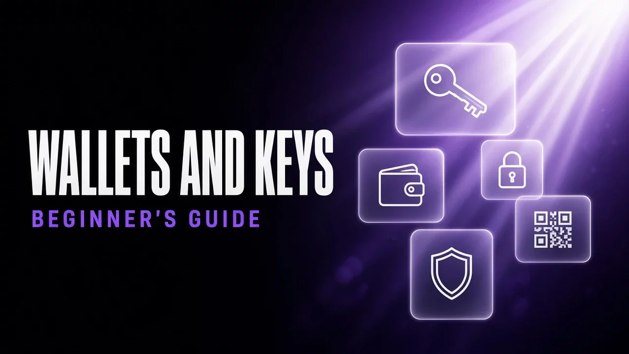 Purple and black glass panels with a key, wallet and padlock, title Wallets and keys
