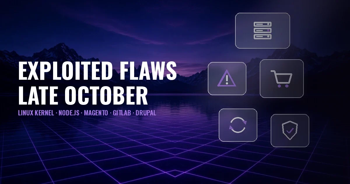 Cover: night lake among mountains with a violet grid and glass panels showing server, warning, shopping cart, update and shield icons; title Exploited flaws in late October: Linux kernel, Node.js, Magento, GitLab, Drupal