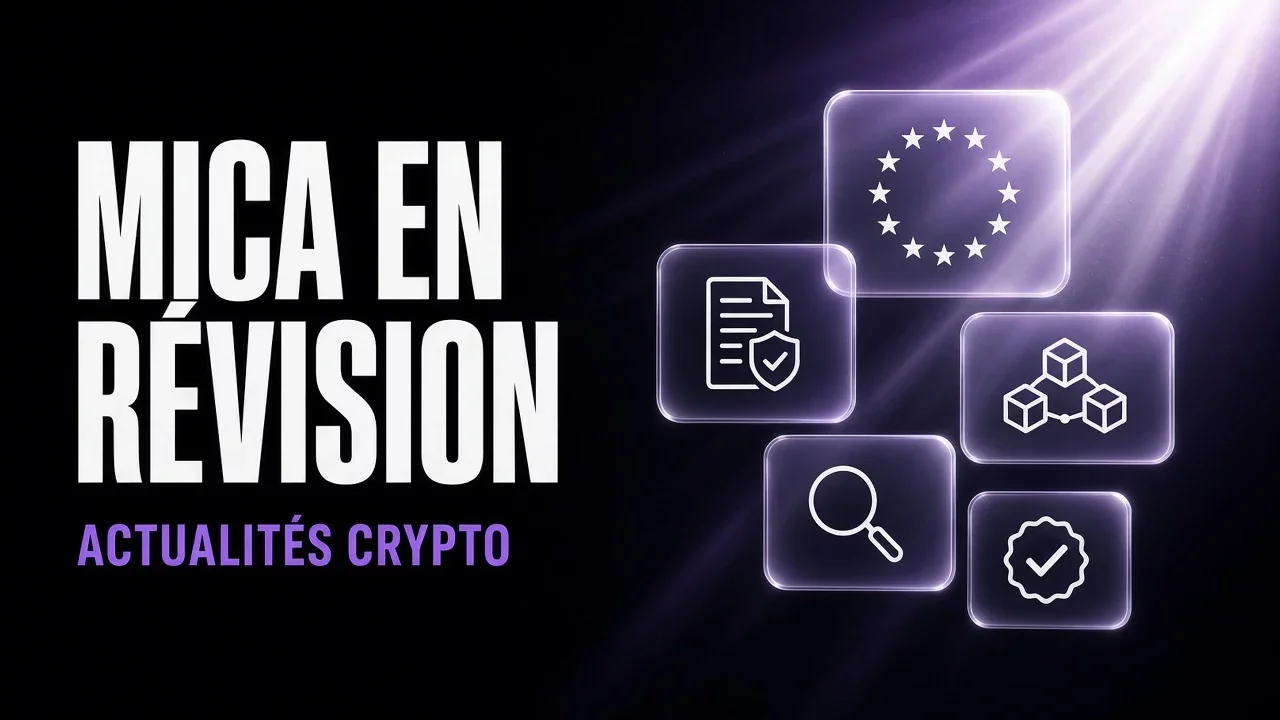Panneaux de verre violets et noirs avec étoiles européennes et document, titre MiCA en révision