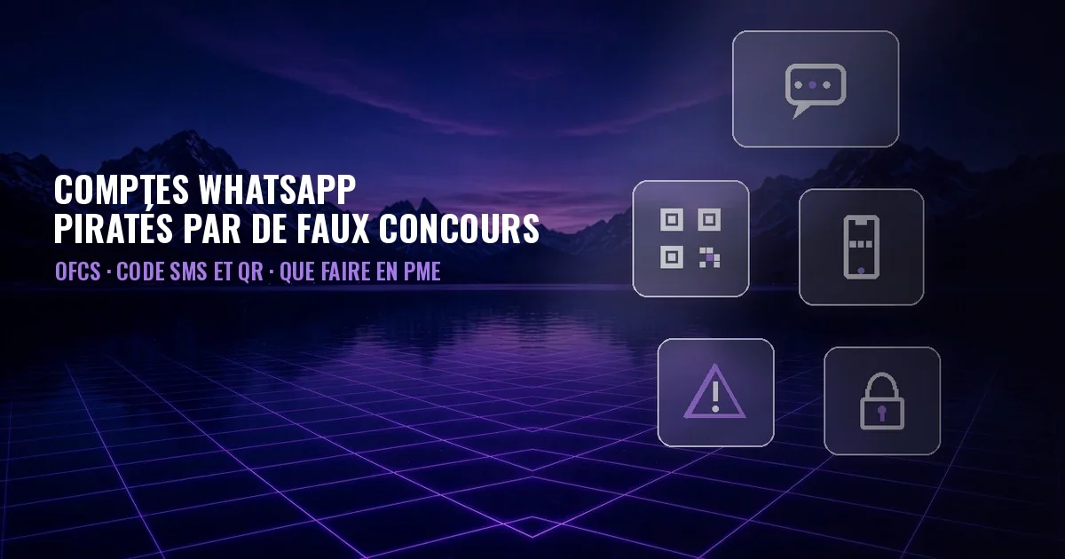 Couverture : lac de nuit entre les montagnes avec grille violette et panneaux en verre avec icônes de discussion, code QR, smartphone, alerte et cadenas ; titre Comptes WhatsApp piratés par de faux concours