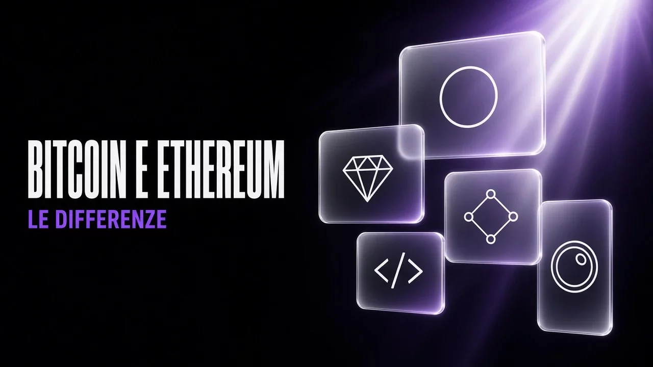 Pannelli di vetro viola e nero con due forme geometriche collegate, titolo Bitcoin e Ethereum