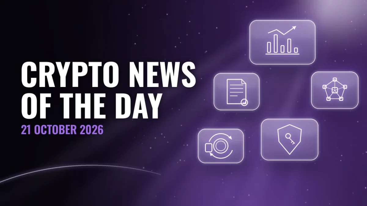 Glass panels on a black and violet background with bar chart, sealed document, shield with key, node network and coin with arrows icons, title Crypto news of the day, 21 October 2026