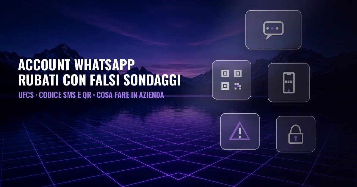 Copertina: lago notturno tra le montagne con griglia viola e pannelli in vetro con icone di chat, codice QR, smartphone, avviso e lucchetto; titolo Account WhatsApp rubati con falsi sondaggi