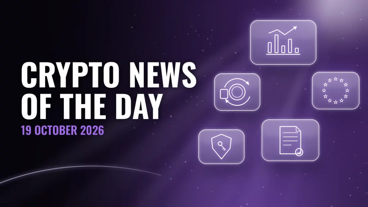 Glass panels on a black and violet background with bar chart, coin with arrows, shield with key, document and European stars icons, title Crypto news of the day, 19 October 2026