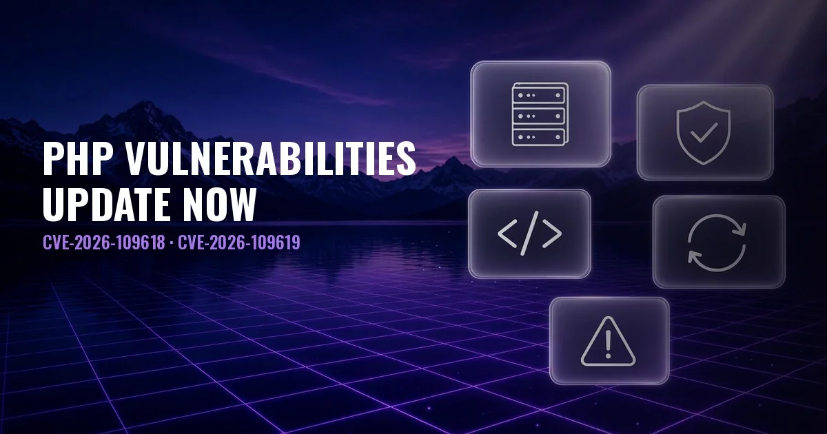 Night landscape with a lake, mountains and a violet grid, glass panels with server, shield, code, update and warning icons, and the title PHP vulnerabilities, update now