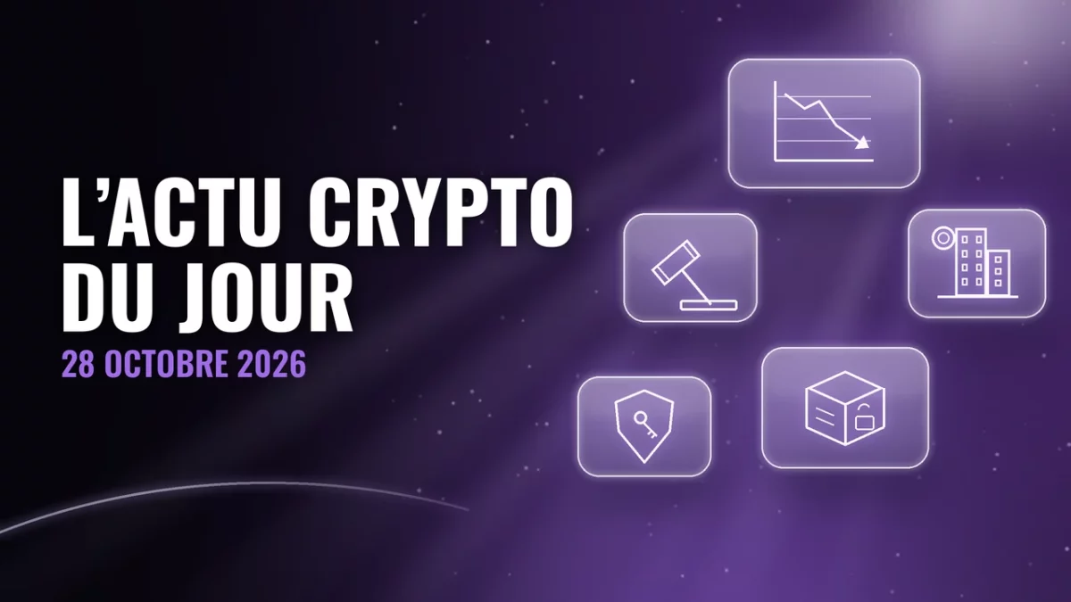 Panneaux de verre sur fond noir et violet avec icônes de graphique en baisse, immeuble, marteau de juge, colis et bouclier avec clé, titre L'actu crypto du jour, 28 octobre 2026