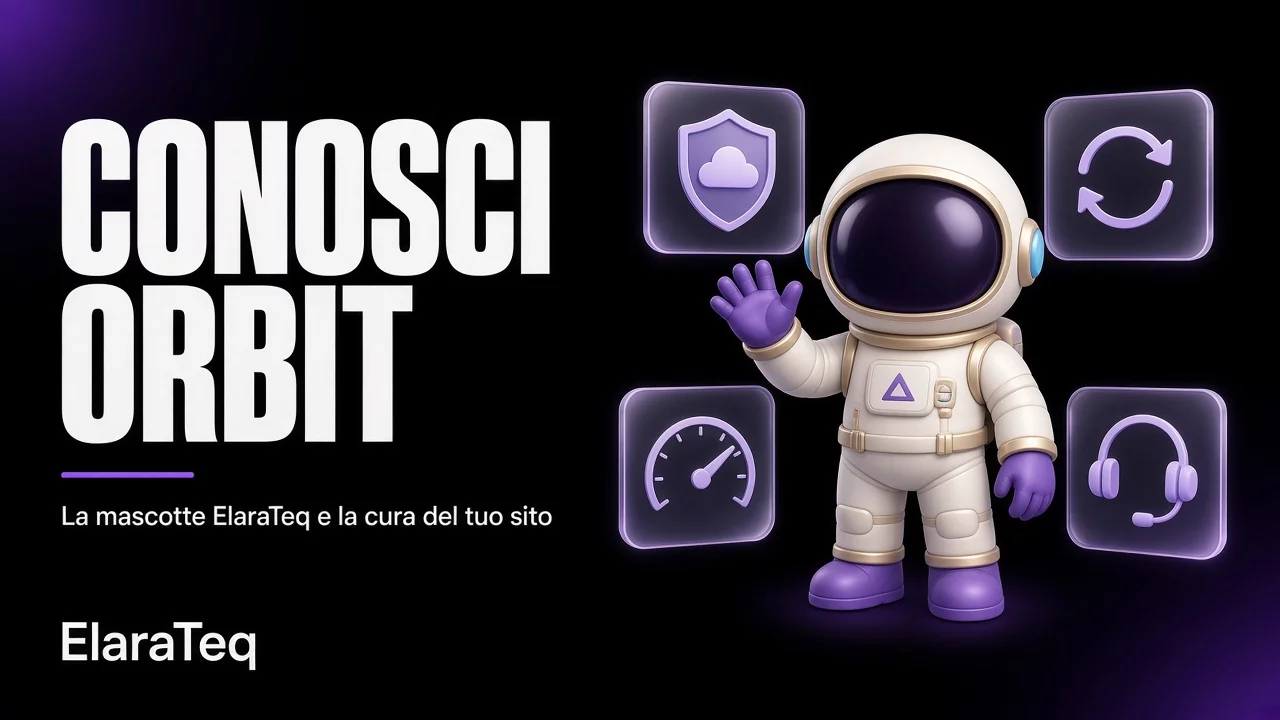 Orbit, astronauta chibi mascotte di ElaraTeq, su pannelli di vetro viola e nero
