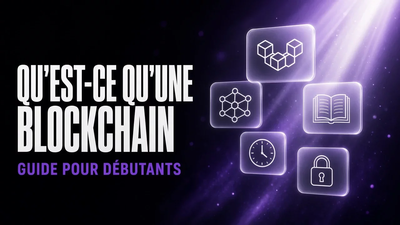 Panneaux de verre violets et noirs avec blocs enchaînés, titre Qu'est-ce qu'une blockchain