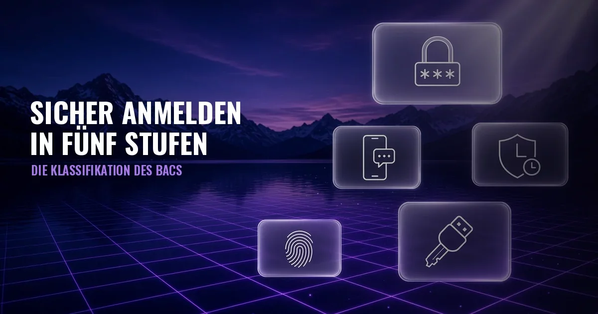Nachtlandschaft mit See, Bergen und violettem Raster, fünf Glaspaneele mit Symbolen für Schloss, SMS, Authenticator-App, Fingerabdruck und USB-Schlüssel sowie dem Titel Sicher anmelden in fünf Stufen