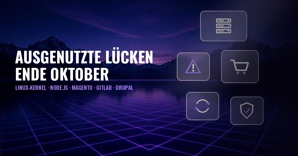 Titelbild: nächtlicher Bergsee mit violettem Raster und Glaspaneelen mit Symbolen für Server, Warnung, Warenkorb, Update und Schild; Titel Ausgenutzte Lücken Ende Oktober: Linux-Kernel, Node.js, Magento, GitLab, Drupal