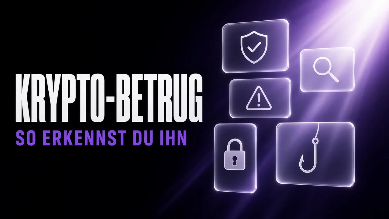 Violette und schwarze Glaspaneele mit Schild und Lupe, Titel Krypto-Betrug