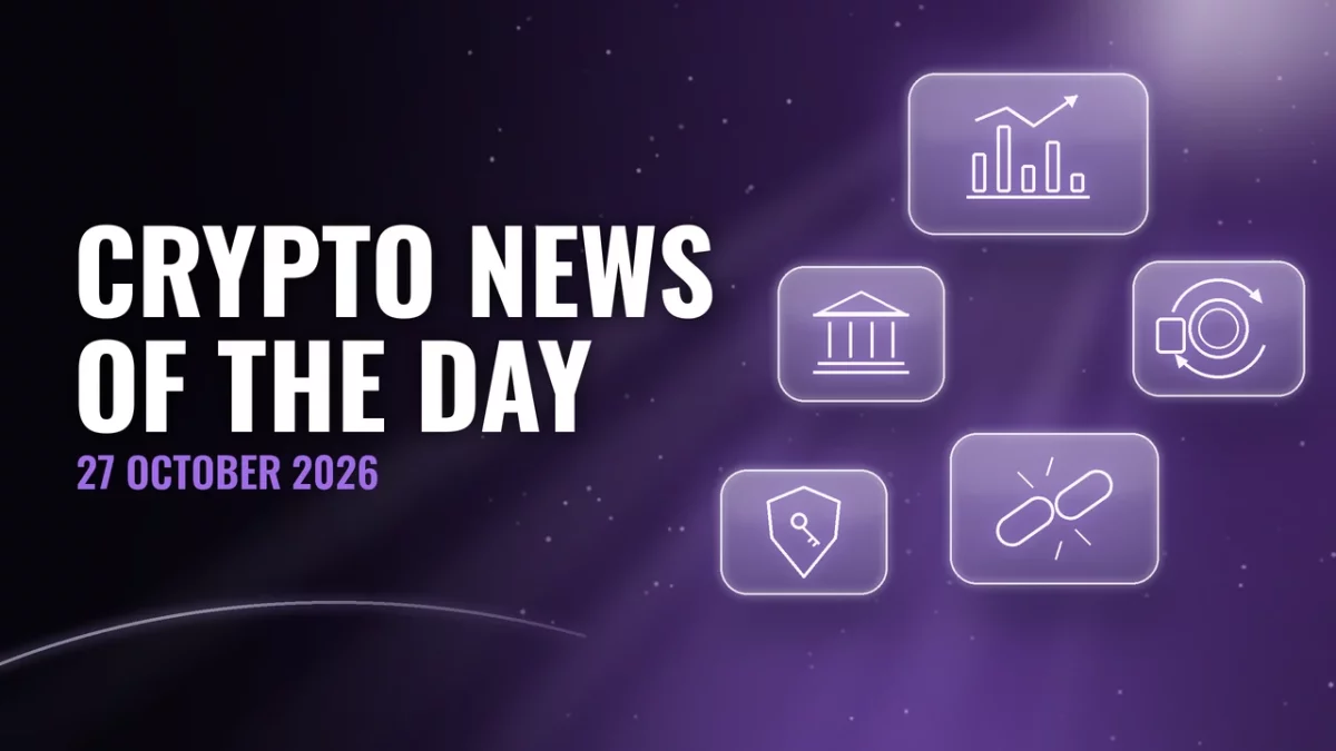 Glass panels on a black and violet background with icons of a bar chart, bank, chain, coin and shield with a key, title Crypto news of the day, 27 October 2026