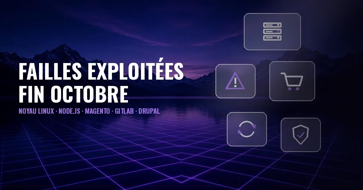 Couverture : lac de nuit entre les montagnes avec grille violette et panneaux en verre avec icônes de serveur, alerte, panier, mise à jour et bouclier ; titre Failles exploitées fin octobre : noyau Linux, Node.js, Magento, GitLab, Drupal