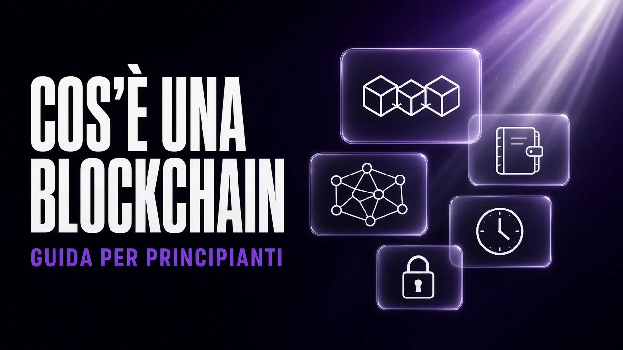 Pannelli di vetro viola e nero con blocchi collegati in catena, titolo Cos'è una blockchain